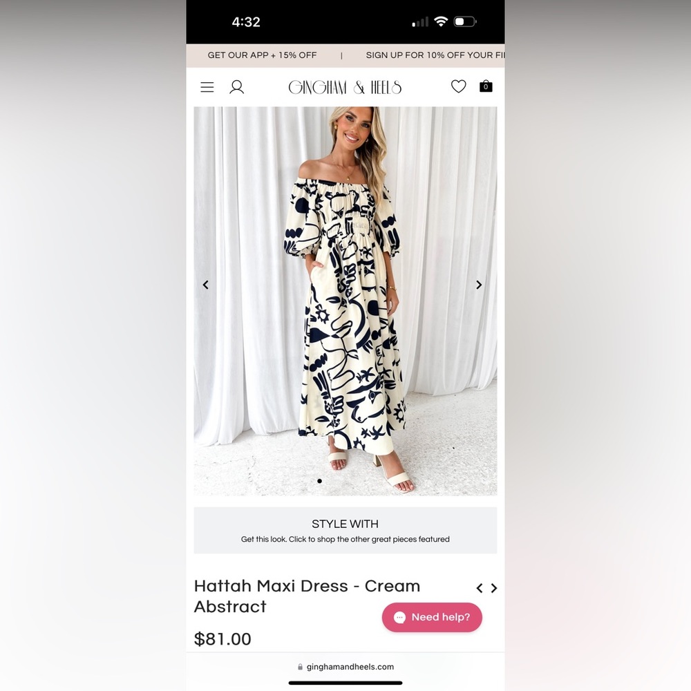 Gingham and Hells Hattah dress cream maxi off shoulder